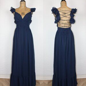 NWOT Lulus Soiree Celebration Navy Blue Ruffled Lace-Up Maxi Dress